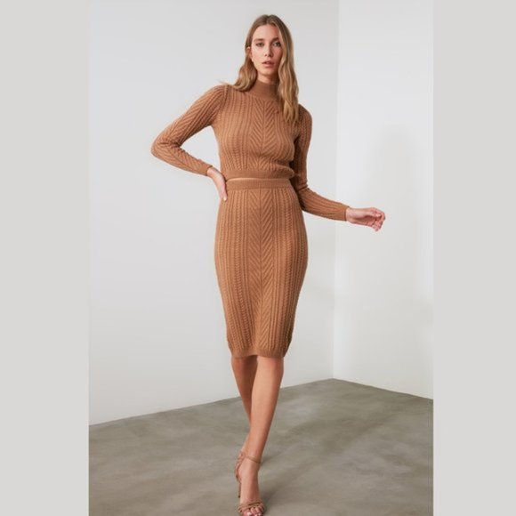 Trendyol Dresses & Skirts - 2 Piece Tan Knitwear Crew Neck Sweater Skirt Set